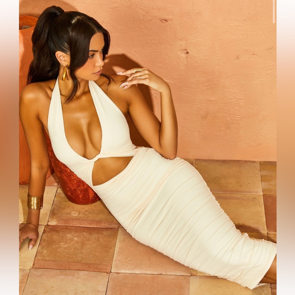 Oh Polly Low Plunge Ruched Dress Ivory